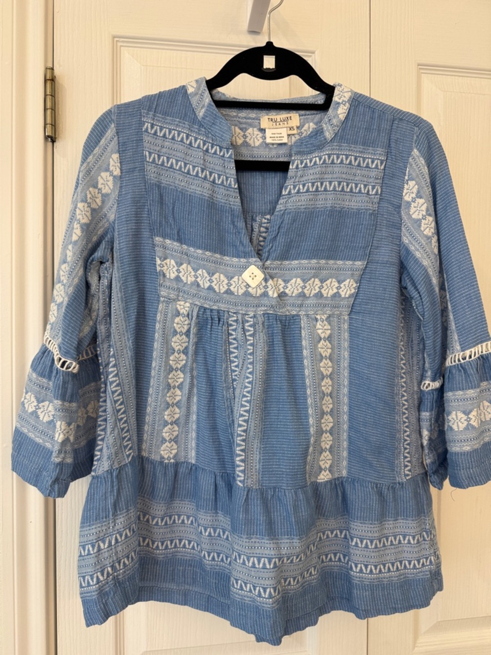 Tru Luxe Jeans Boho Peasant Top Blue White Cotton Tiered Blouse XS